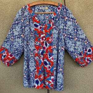Figueroa & Flower Blouse Floral Print Red Blue Button 3/4 Sleeve Boho Top Size S
